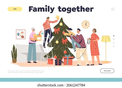 Family together on Christmas concept of landing page with granny, parents and kids decorating xmas tree. New year and winter holidays preparation. Cartoon flat vector illustration