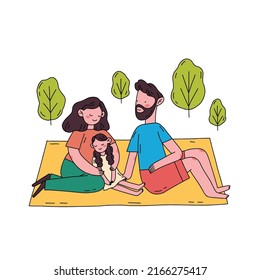 Family are together on the picnic in summer vacation. Hand drawn flat design minimal vector illustration. Mom, dad and kid relaxing outdoor.