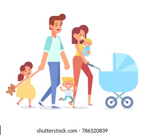 Family together on the Walk. Mom, Dad, Son, Daughter and  Newborn Baby in a Pram. Vector illustration in a flat style.