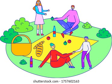 Family together relax picnic time, character father mother and daughter person outing rest isolated on white, line flat vector illustration. Cheerfully time spend, people walk outdoor park.