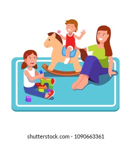 Family together. Smiling mother play with two cheerful kids on carpet. Boy holding candy rides wooden horse, sitting girl plays with cubes. Flat vector isolated cartoon character illustration on white