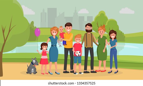 Family together standing outdoors in park flat style vector illustration