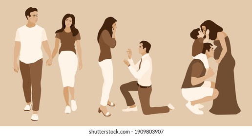 family together vector set illustration. Couple walking, Big family kissing, Proposal, bride and groom, pregnant mom, dad, child. Husband kiss belly. Parents. Stages of family. Newborn. Labours. Love