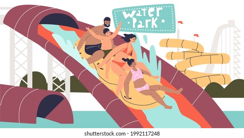 Family together in water park: happy parent and kids sliding waterslide in outdoor aqua park on summer vacation or holiday. Entertainment for parents and children. Cartoon flat vector illustration