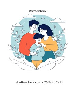 Family togetherness concept. Illustration of a happy family sharing a warm embrace surrounded by nature elements. Love, support, and unity theme. Vector illustration.