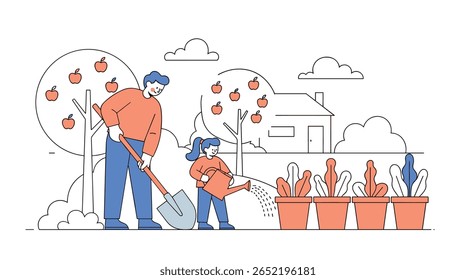 Familiaridade no jardim cultivando produtos frescos e cultivando plantas para um estilo de vida sustentável
