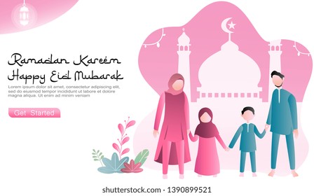 family togetherness and pleasure celebrating Eid Mubarak. concepts of mosque icons and ornaments, lantern, ramadan and plants. suitable web, landing page, UI. flat cartoon vector ramadan illustration