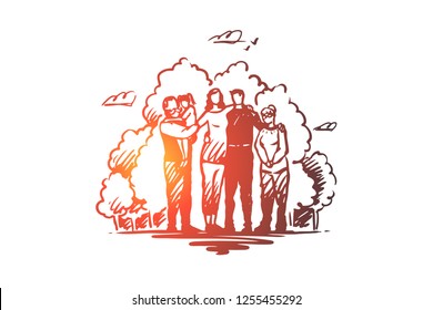 Family, togetherness, spending time with relatives vector concept. Parents, grandparents and child on grandfather's hands in park together. Hand drawn sketch isolated illustration