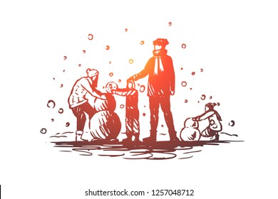 Family, togetherness, winter, Christmas happiness vector concept. Parents and two children build a snowman. Hand drawn sketch isolated illustration