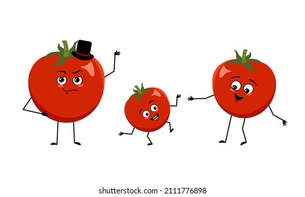 Family of tomato characters with happy emotions, smile face, happy eyes, arms and legs. Mom is happy, dad is wearing hat and child is dancing. Vector flat illustration