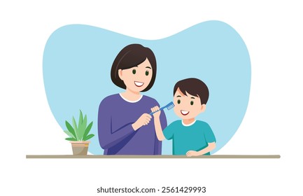 family toothbrush, mother and son 