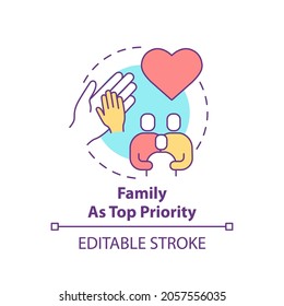 Family as top priority concept icon. Personal value idea thin line illustration. Parenthood, marriage. Valuing elders. Family functions. Vector isolated outline RGB color drawing. Editable stroke