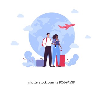 Family Tourism And Global Travel Concept. Vector Flat People Illustration. Couple Of Mixed Ethnic Parents With Baby In Carrier And Baggage On Planet Earth With Plane Background.