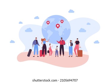 Family Tourism And Global Travel Concept. Vector Flat People Illustration. Group Of Multhiethic Character Of Parents With Child With Baggage On Planet Earth With Map Pin Background.