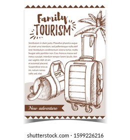 Family Tourism Luggage On Advertise Poster Vector. Cylindrical Sport Luggage Bag, Modern Suitcase On Wheels And Tropical Palm Tree On Creative Banner. Baggage Cases Monochrome Illustration
