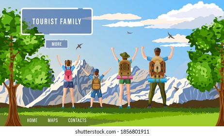 Family tourists with backpacks enjoy nature rear view. Cartoon flat style vector illustration