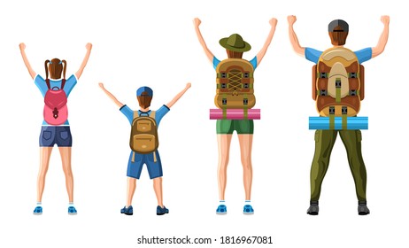 Family of tourists with backpacks, rear view. Flat cartoon style vector illustration.