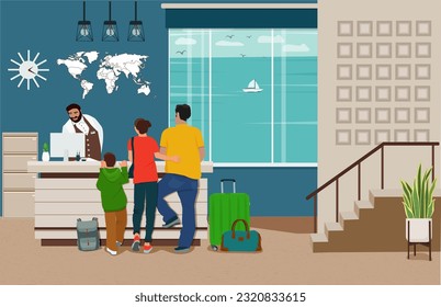 Family tourists communicate with the hotel administrator at the reception desk upon check-in. Vector illustration.