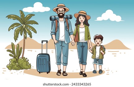 Family of tourists consists of a father, mother and son.