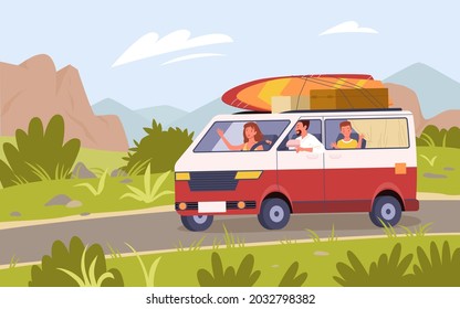 Family tourists travel by car bus camper van on road, summer vacation trip adventure