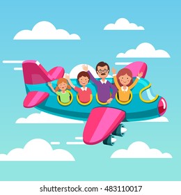 Family tourists traveling on airplane together. Happy father, mother and kids flying together on their summer holiday voyage. Flat style modern vector illustration.