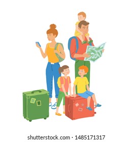 A family of tourists travels with suitcases. parents and children on vacation. vector hand drawn isolated illustration.