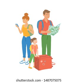 A family of tourists travels with suitcases. parents and children on vacation. vector hand drawn isolated illustration.