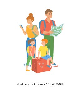 A family of tourists travels with suitcases. parents and children on vacation. vector hand drawn isolated illustration.