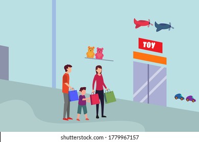 Family Toy Shopping Vector Concept: A Boy Asking His Parents To Enter A Toy Store