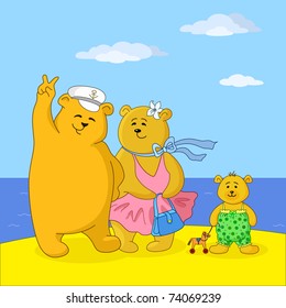 Family of toy teddy bears, mum, father and son on a sea beach