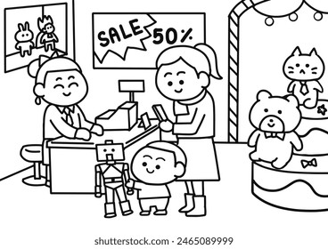 Family in toys shop coloring pages style.