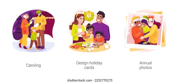 Family tradition and Holiday isolated cartoon vector illustration set. Singing Christmas Eve songs, caroling tradition, design holiday card, take annual photo, family portrait vector cartoon.