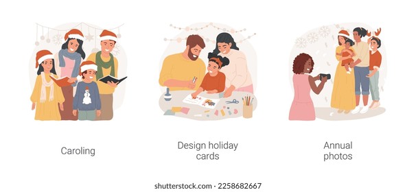 Family tradition and Holiday isolated cartoon vector illustration set. Singing Christmas Eve songs, caroling tradition, design holiday card, take annual photo, family portrait vector cartoon.