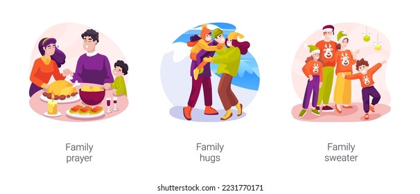 Family tradition isolated cartoon vector illustration set. People pray together, holding hands in prayer, happy moment, hug each other, family members wearing same sweater design vector cartoon.