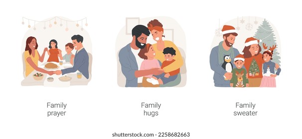 Family tradition isolated cartoon vector illustration set. People pray together, holding hands in prayer, happy moment, hug each other, family members wearing same sweater design vector cartoon.