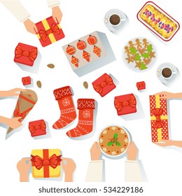 Family With The Traditionally Served Christmas Celebration Meal View From Above Cartoon Illustration