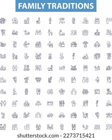 Family traditions line icons, signs set. Traditions, Family, Celebrations, Rituals, Customs, Histories, Inheritance, Heritage, Passed down outline vector illustrations.