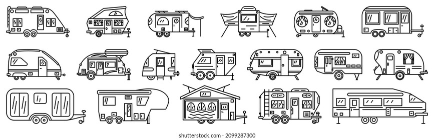 A family trailer for travel, vehicle recreation, mobile home, motor home. Set of vector icons, outline, isolated. Editable stroke