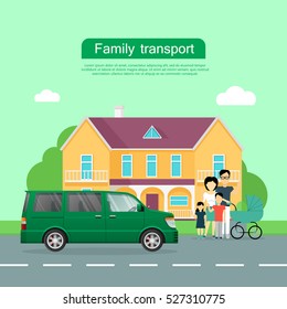 Family transport banner. Big family with children standing near house and minivan flat vector illustrations. Buying new car for family needs. Spacious minibus. For car dealer landing page design   