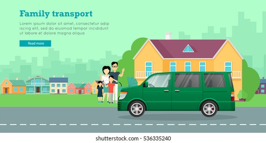 Family transport banner. Big family with children standing near house and minivan flat vector illustrations. Buying new car for family needs. Spacious minibus. For car dealer landing page design