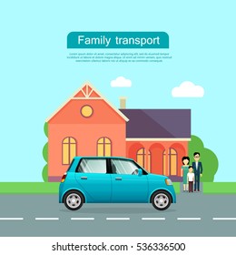 Family transport banner. Couple with child standing near house and mini car flat vector illustrations. Buying new car for family needs. Economic small car. For car dealer, shop landing page design