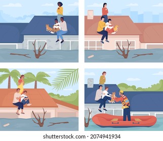 Familia atrapada en la azotea durante la inundación de imágenes vectoriales de color plano. Inundaciones catastróficas. Sobrevivir de las casas inundadas colección de personajes de dibujos animados en 2D con paisaje urbano en segundo plano