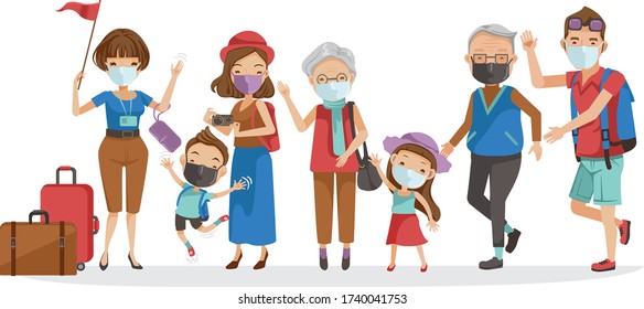 Family traval group. Tour guides and tourist groups big family. Grandfather, grandmother, father, mother, girl, boy,  carrying a bag, laughing Happy family. New Normal concept illustration.vector 