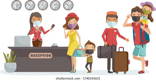 Family Traval Mask. Family Checking In Hotel At Lobby. Receptionist At The Lobby. Porter Provides Service. Happy Family. New Normal Concept. Hotel Staff Mask. Vector Illustration.