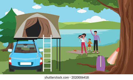 Family travel activities. Small family car with a roof tent for safety. Large shaded tree to relax on vacation. Background image is a large reservoir and mountains.