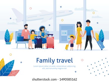 Family Travel, Airline Company, Airplane Tickets Booking Service Trendy Flat Vector Advertising Banner, Promo Poster Template. Couples with Children Waiting for Flight in Airport Lounge Illustration