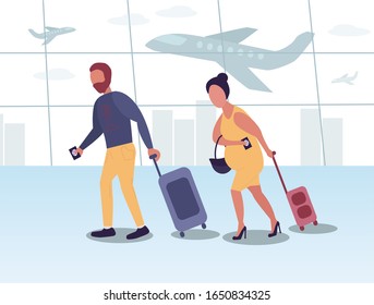 Family travel at the airport. Husband with luggage, pregnant wife with passport and bag. hurry for landing or registration. Vector illustration flat style. travelling concept. Planes are on background