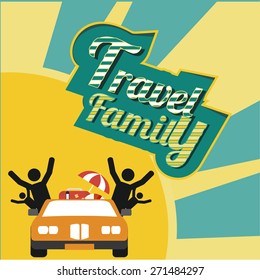 family travel, all by car over yellow and green textured background