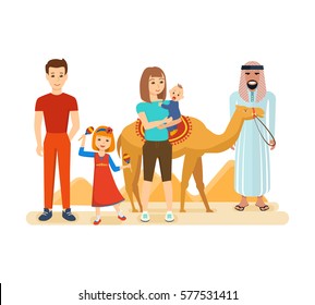 Family travel to Arab emirates concept. Familiarity with the traditions, culture, sights, joint vacation. Vector illustration isolated on white background. Can be used in banner, mobile app, design.