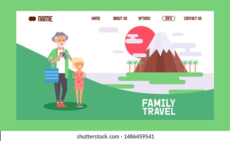 Family travel banner web design vector illustration. Grandfather walking with grandgaughter taking photos of famous seightseeing. Mountain or volcano surrounded by palm tress. Family.